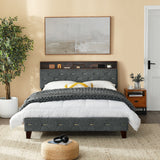 Shelf Upholstered Headboard, Platform Bed with Outlet & USB Ports
