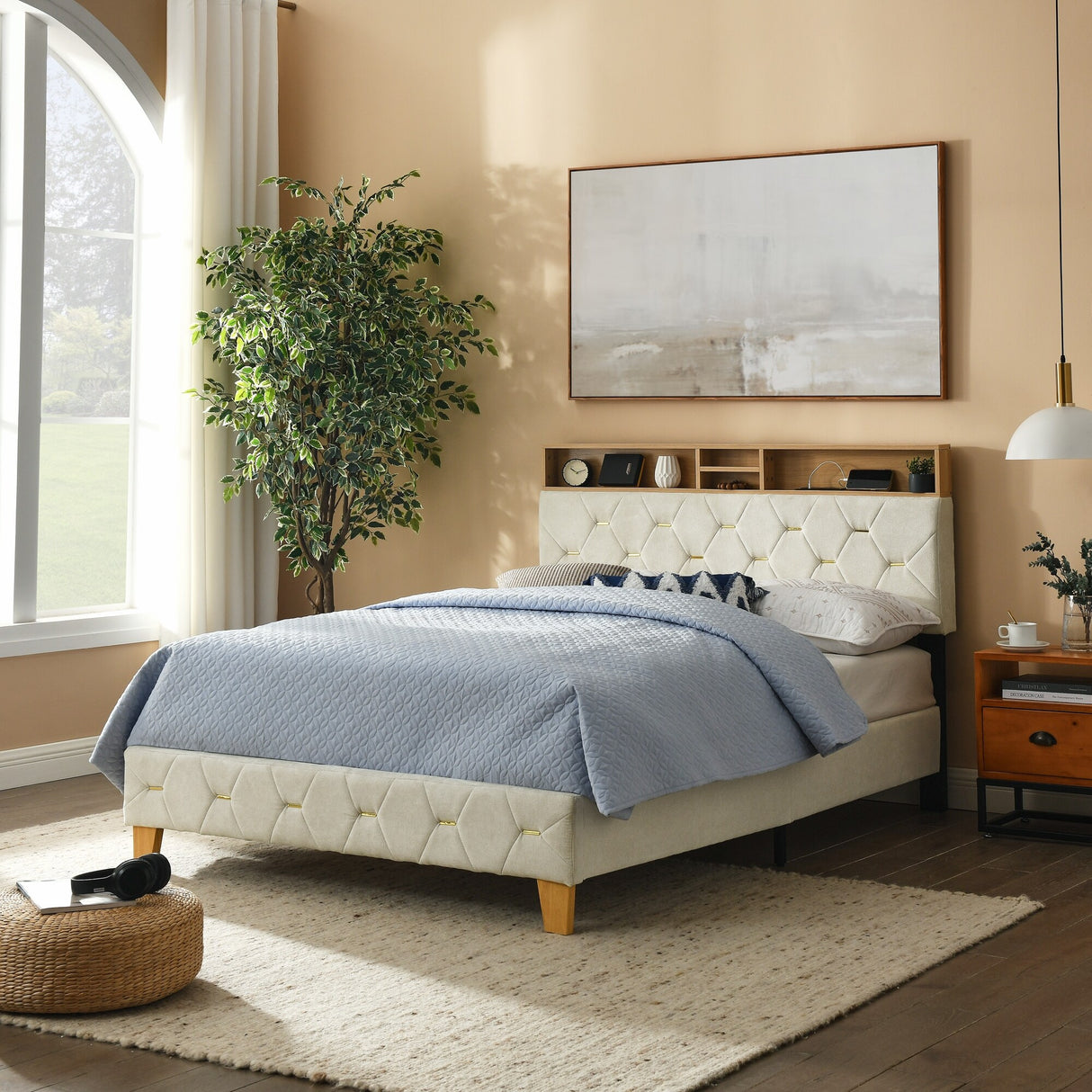 Shelf Upholstered Headboard, Platform Bed with Outlet & USB Ports