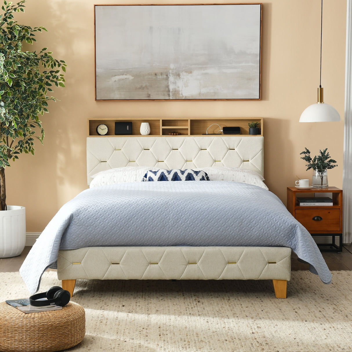 Shelf Upholstered Headboard, Platform Bed with Outlet & USB Ports