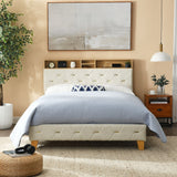 Shelf Upholstered Headboard, Platform Bed with Outlet & USB Ports