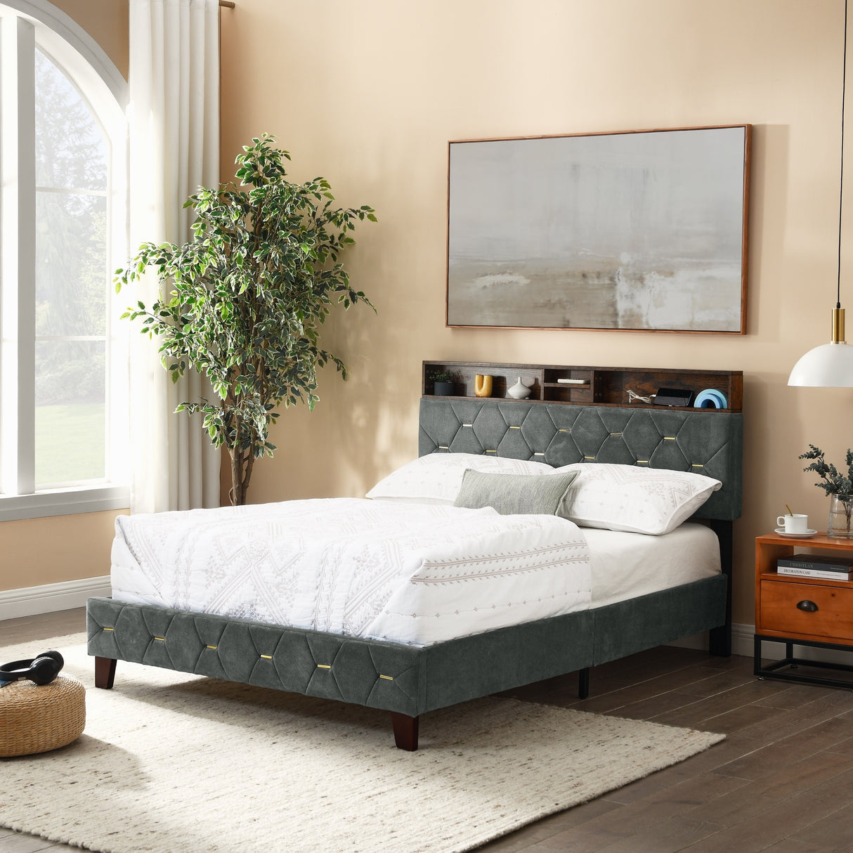 Shelf Upholstered Headboard, Platform Bed with Outlet & USB Ports
