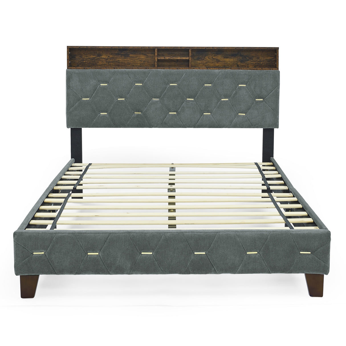 Shelf Upholstered Headboard, Platform Bed with Outlet & USB Ports