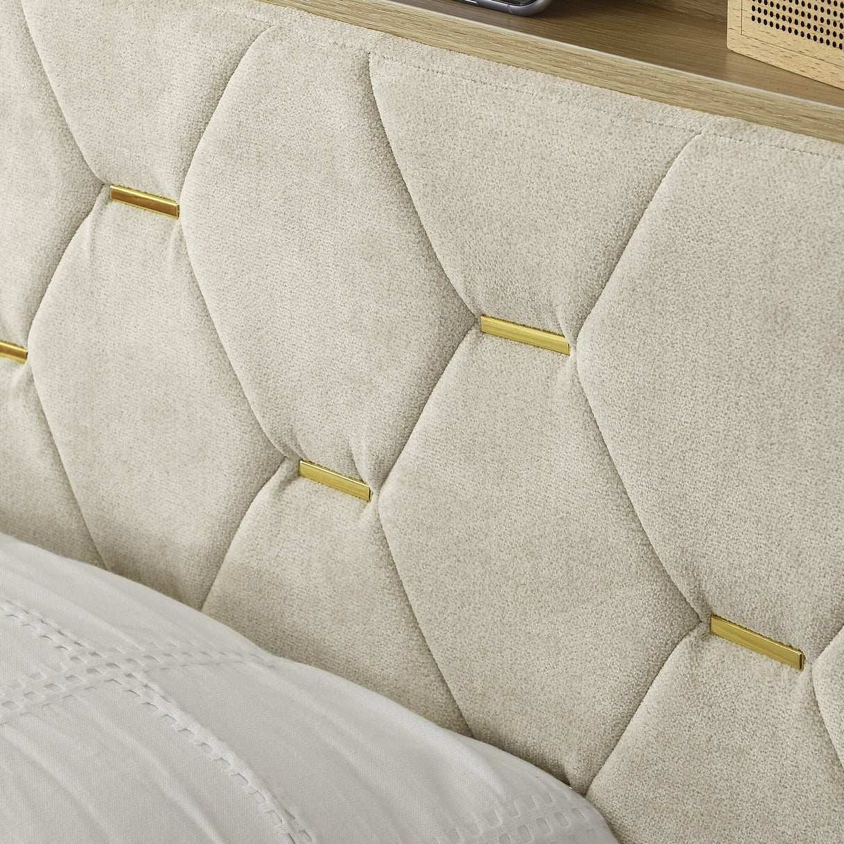 Shelf Upholstered Headboard, Platform Bed with Outlet & USB Ports