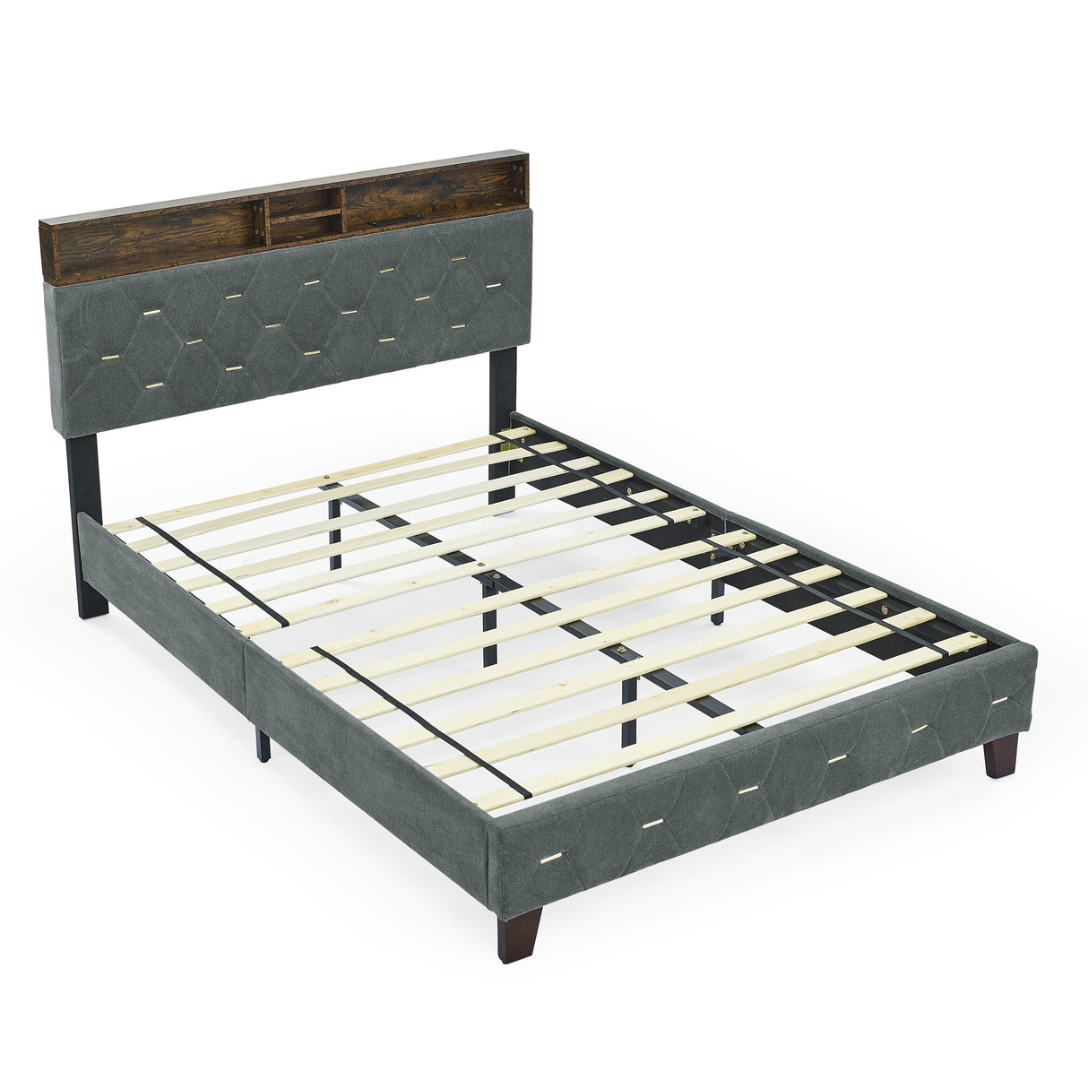 Shelf Upholstered Headboard, Platform Bed with Outlet & USB Ports