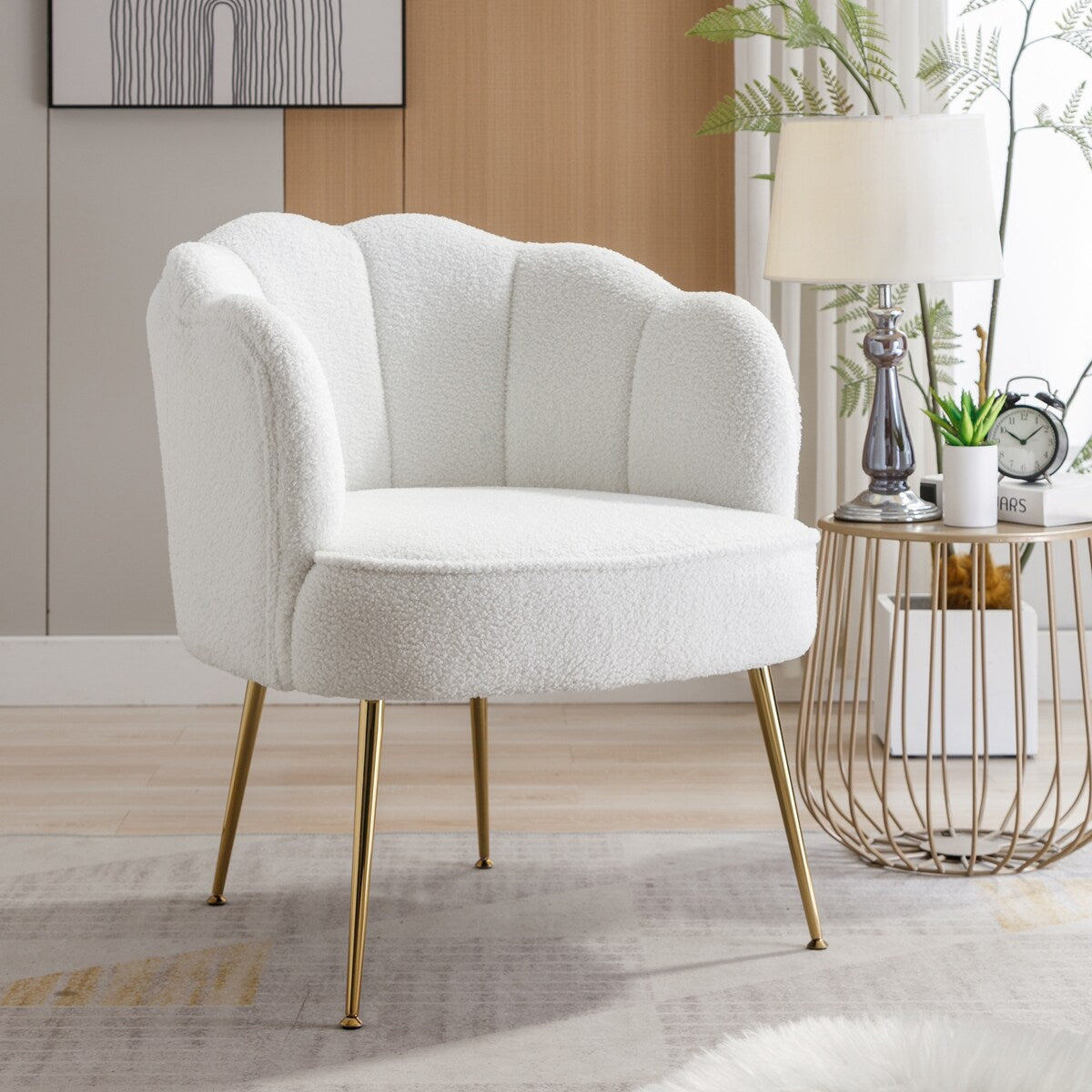 Shell Shape Teddy Fabric Armchair Accent Chair With Gold Legs For Living Room Bedroom,Creme White