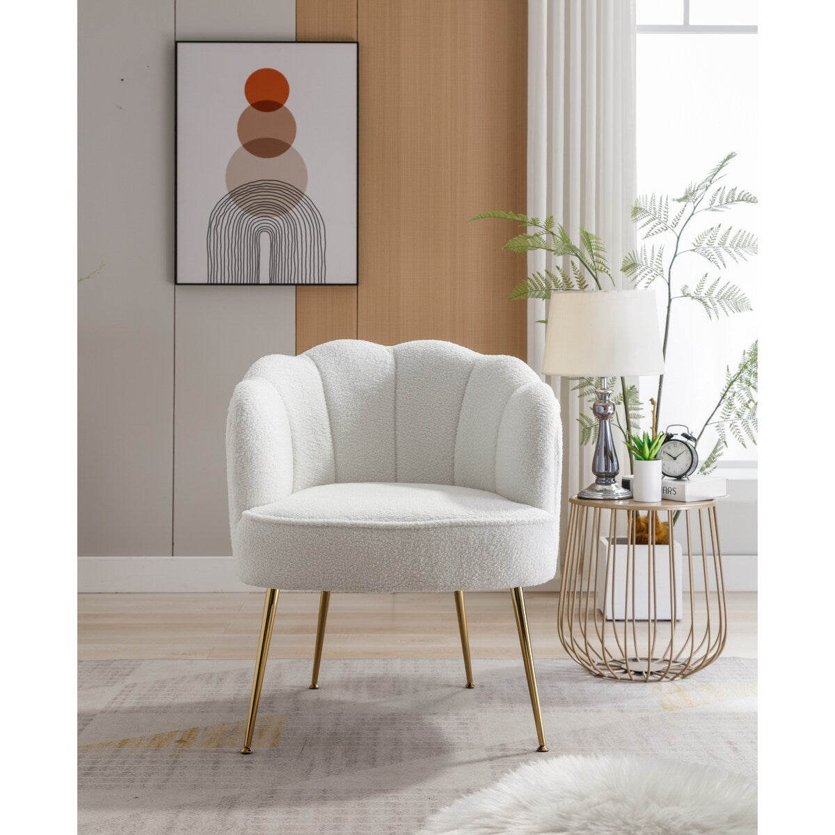 Shell Shape Teddy Fabric Armchair Accent Chair With Gold Legs For Living Room Bedroom,Creme White