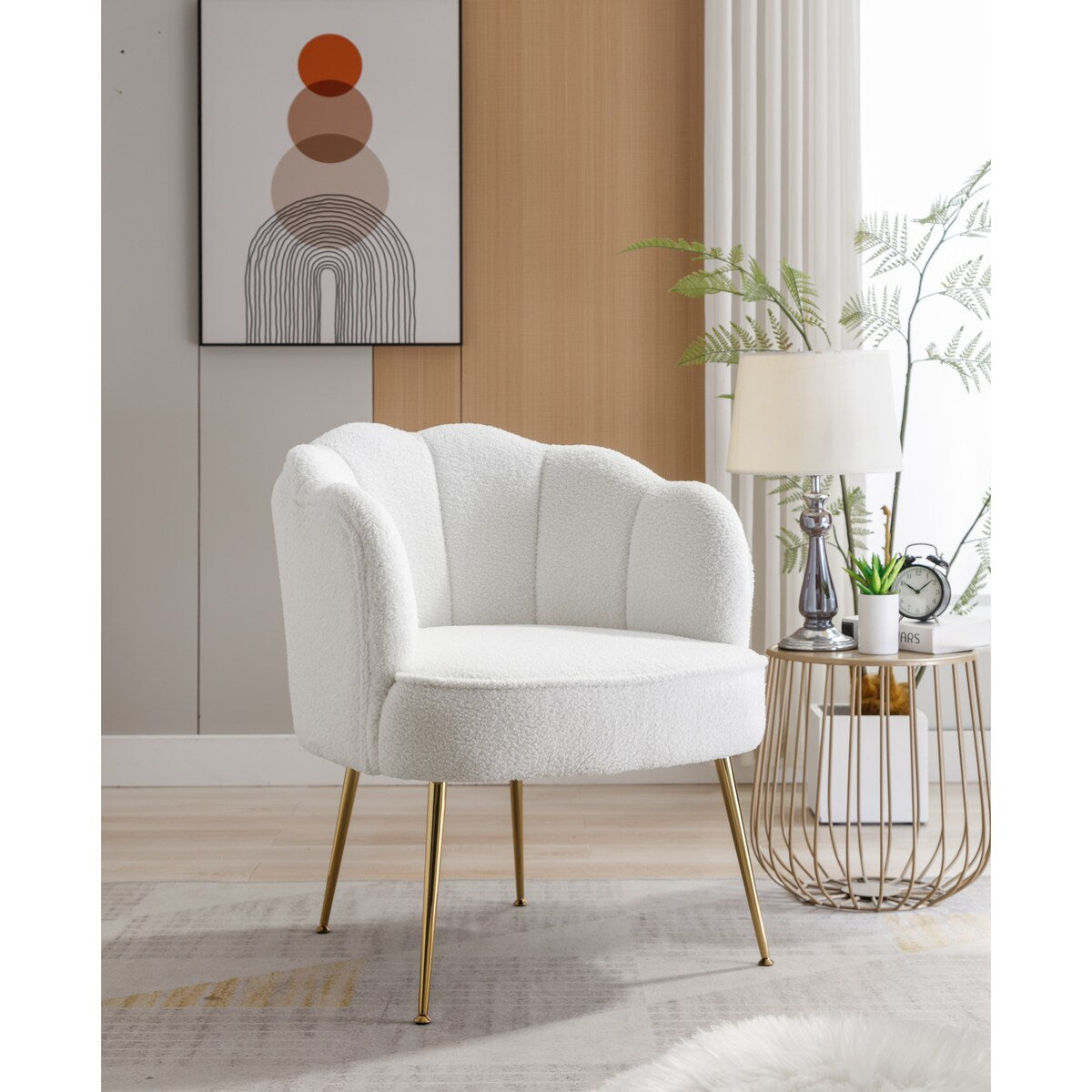 Shell Shape Teddy Fabric Armchair Accent Chair With Gold Legs For Living Room Bedroom,Creme White