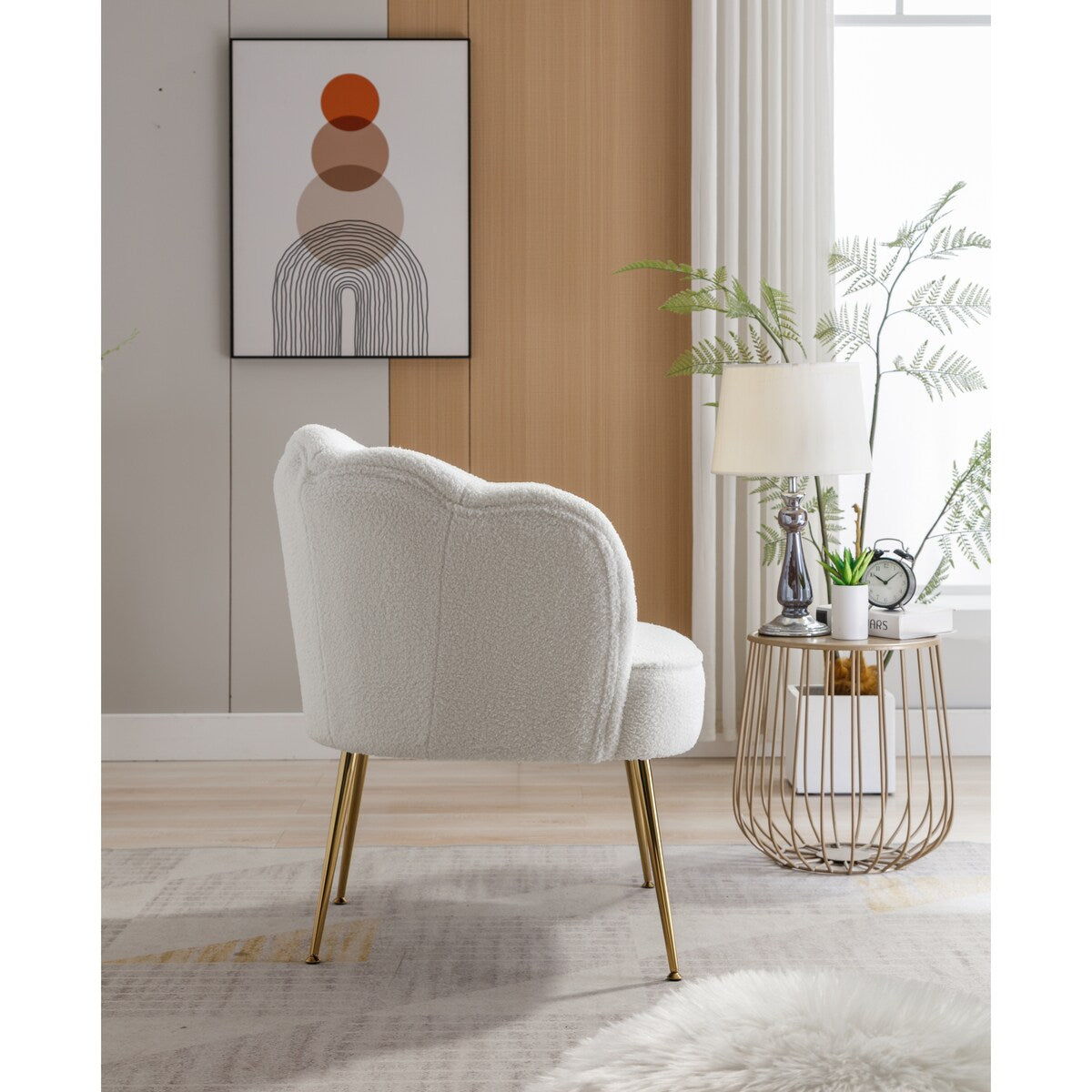 Shell Shape Teddy Fabric Armchair Accent Chair With Gold Legs For Living Room Bedroom,Creme White