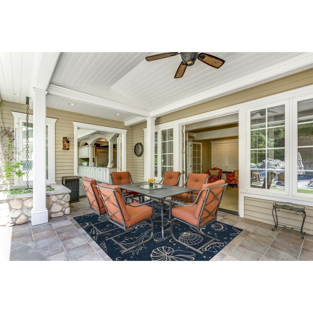 Shells Navy Beige Transitional Design Indoor/Outdoor Area Rug - 7'10" X 10'2"