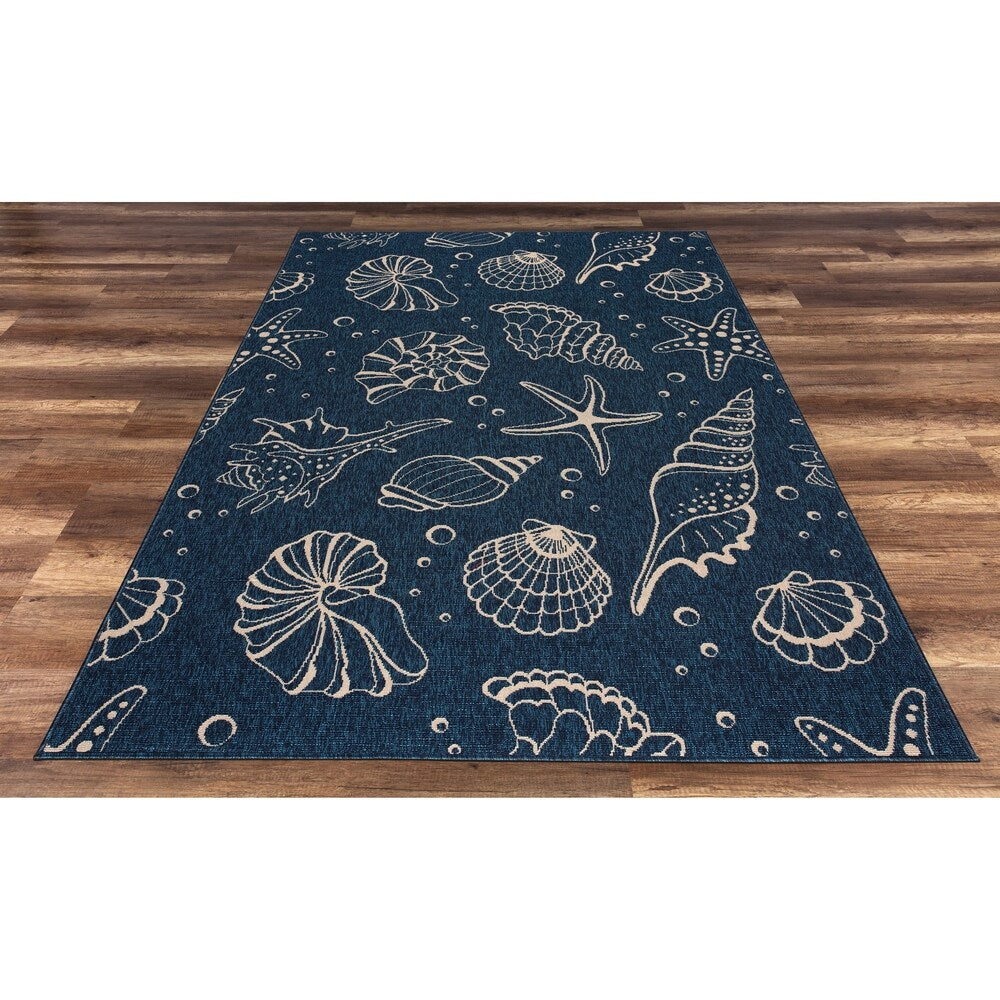 Shells Navy Beige Transitional Design Indoor/Outdoor Area Rug - 7'10" X 10'2"