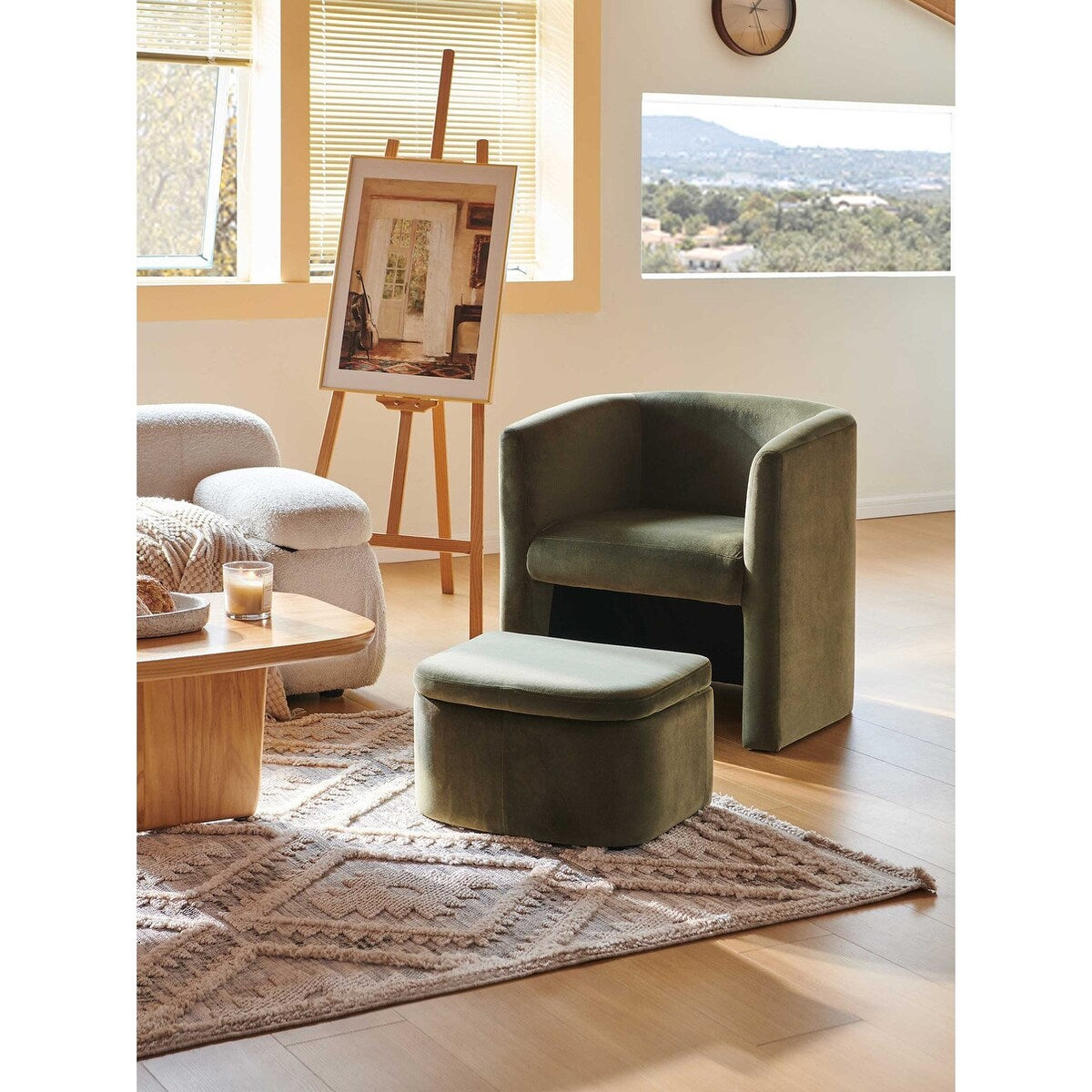 Sherpa Barrel Chair Accent Chair with Storage Ottoman Set