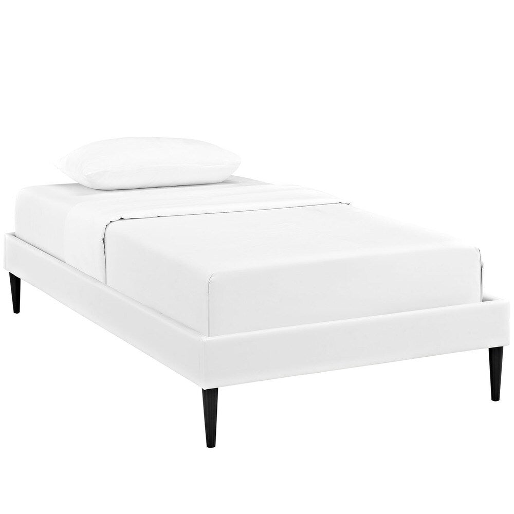 Sherry White Vinyl Twin Bed Frame With Round Tapered Legs