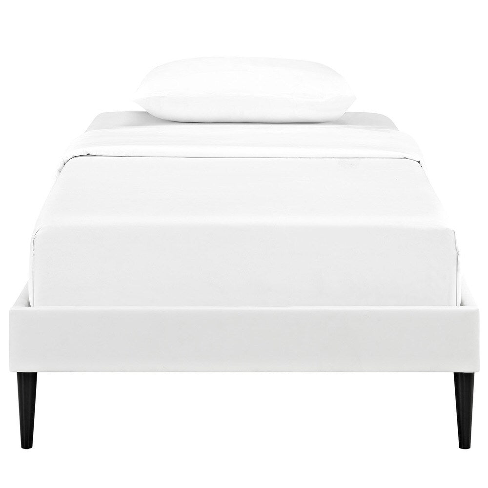Sherry White Vinyl Twin Bed Frame With Round Tapered Legs