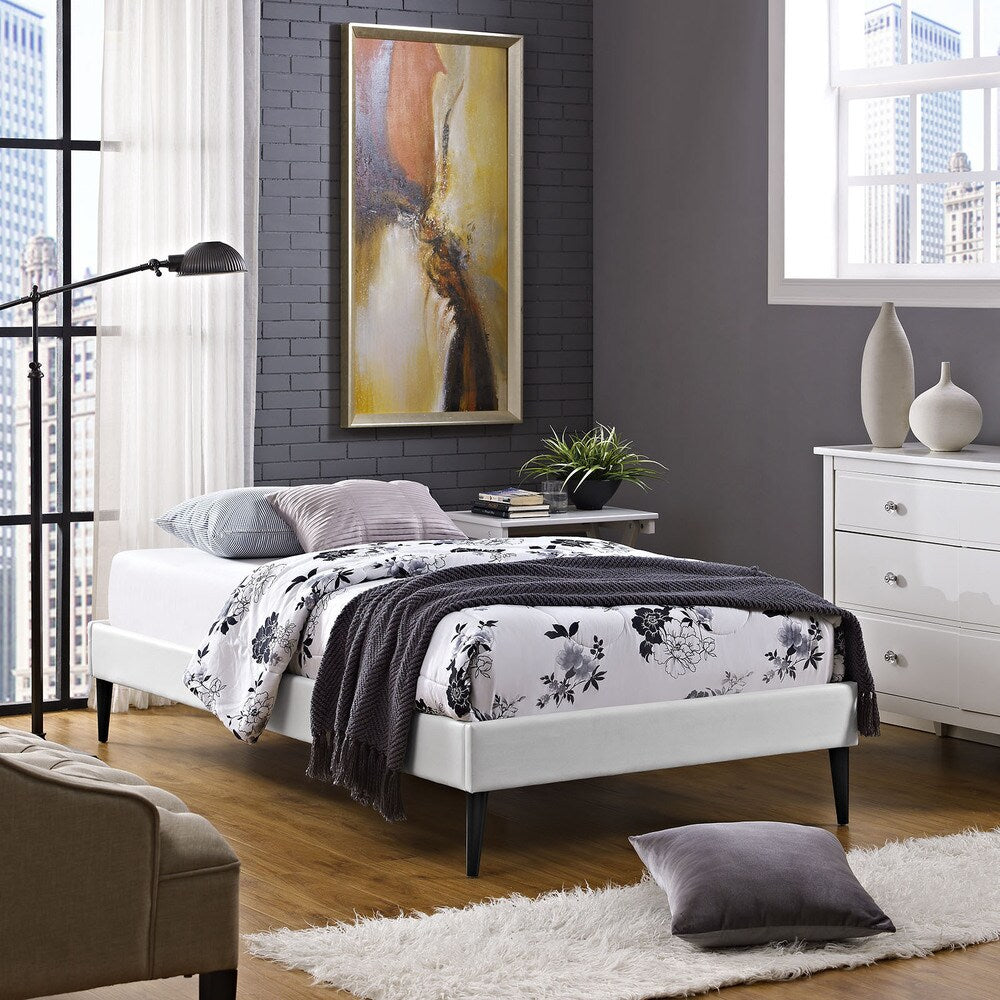 Sherry White Vinyl Twin Bed Frame With Round Tapered Legs