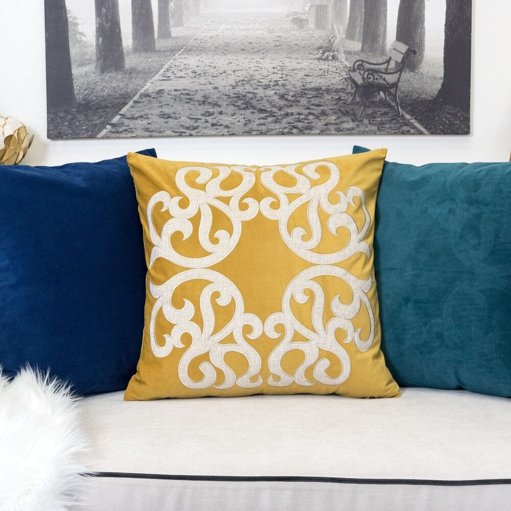Shierly Applique Embroidery Velvet 20" Square Decorative Throw Pillow