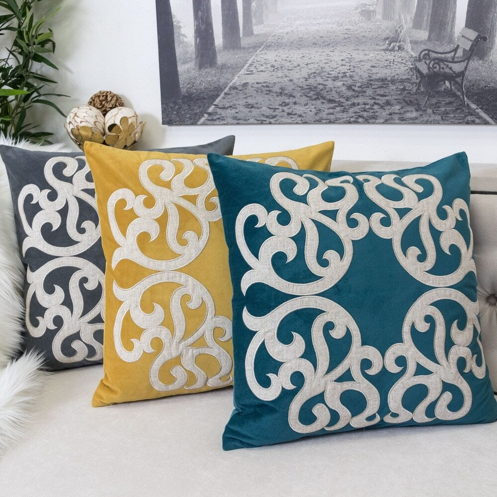 Shierly Applique Embroidery Velvet 20" Square Decorative Throw Pillow