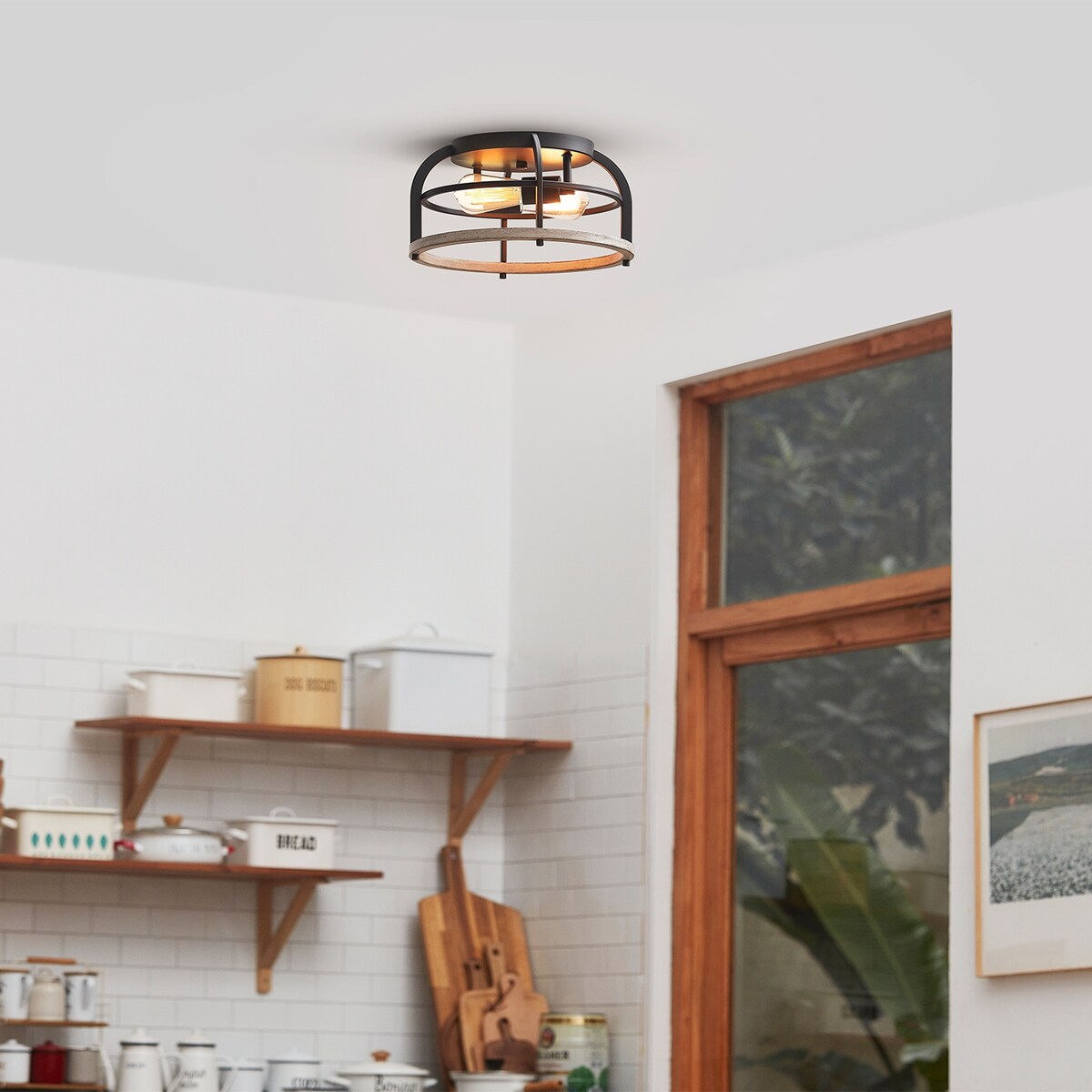 Shilah 2-Light Matte Black Flush Mount Ceiling Light with Faux Wood Accents - one size