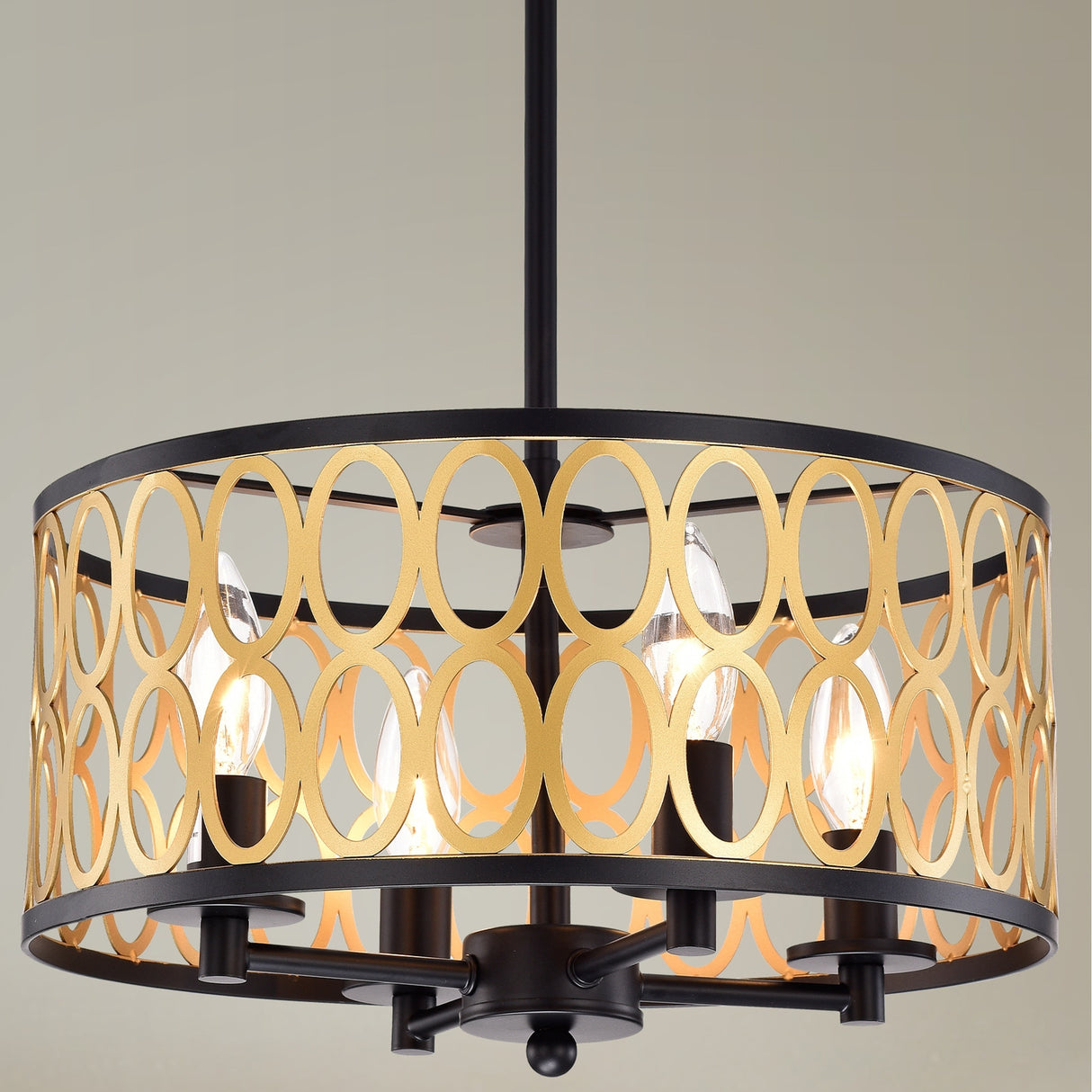 Shivana Matte Black+Gold Geometric Iron Frame 4-Light Drum Chandelier