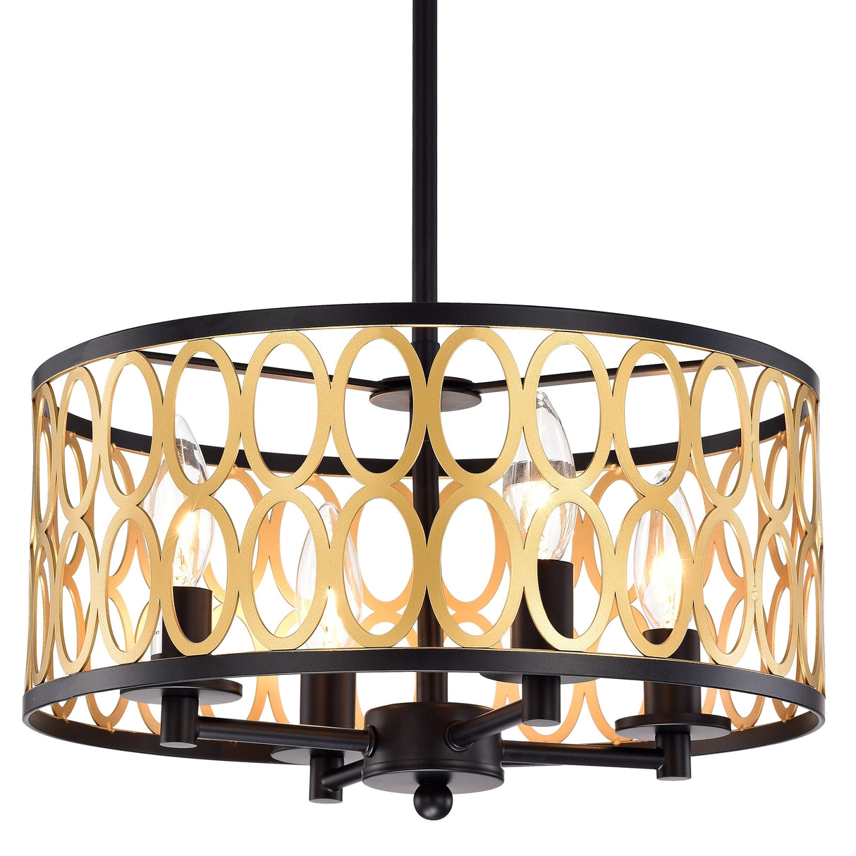 Shivana Matte Black+Gold Geometric Iron Frame 4-Light Drum Chandelier