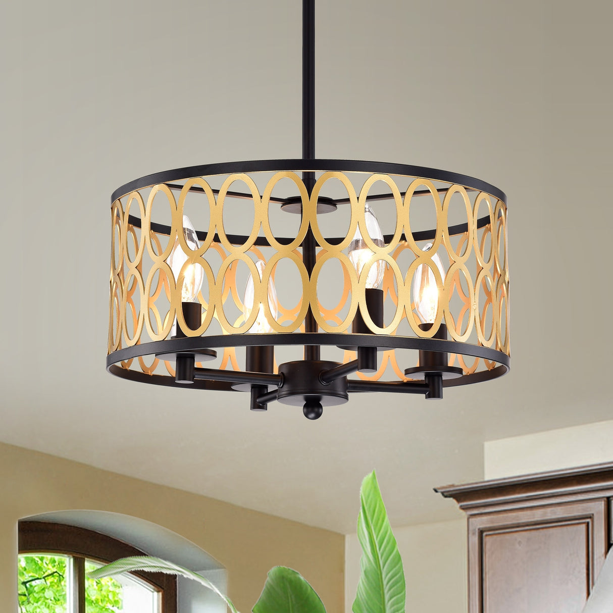 Shivana Matte Black+Gold Geometric Iron Frame 4-Light Drum Chandelier