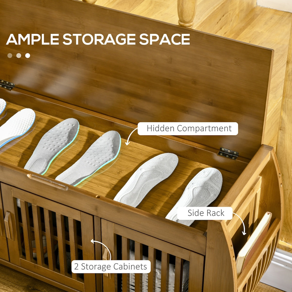 Shoe Bench with Storage Cabinets, Bamboo Entryway Bench with Seating Cushion, 3 Doors, Side Rack and Hidden Compartment