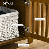 Shoe Bench with Storage Cabinets, Bamboo Entryway Bench with Seating Cushion, 3 Doors, Side Rack and Hidden Compartment