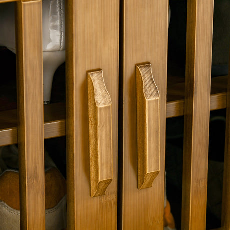 Shoe Bench with Storage Cabinets, Bamboo Entryway Bench with Seating Cushion, 3 Doors, Side Rack and Hidden Compartment