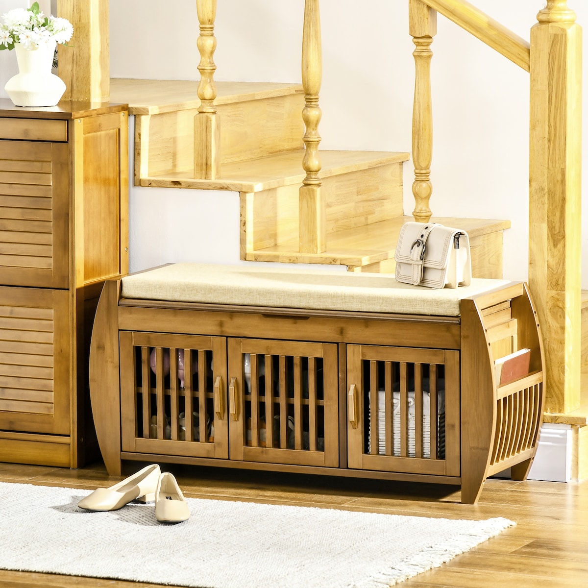 Shoe Bench with Storage Cabinets, Bamboo Entryway Bench with Seating Cushion, 3 Doors, Side Rack and Hidden Compartment