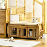 Shoe Bench with Storage Cabinets, Bamboo Entryway Bench with Seating Cushion, 3 Doors, Side Rack and Hidden Compartment