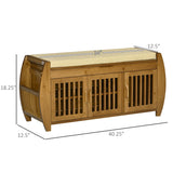 Shoe Bench with Storage Cabinets, Bamboo Entryway Bench with Seating Cushion, 3 Doors, Side Rack and Hidden Compartment