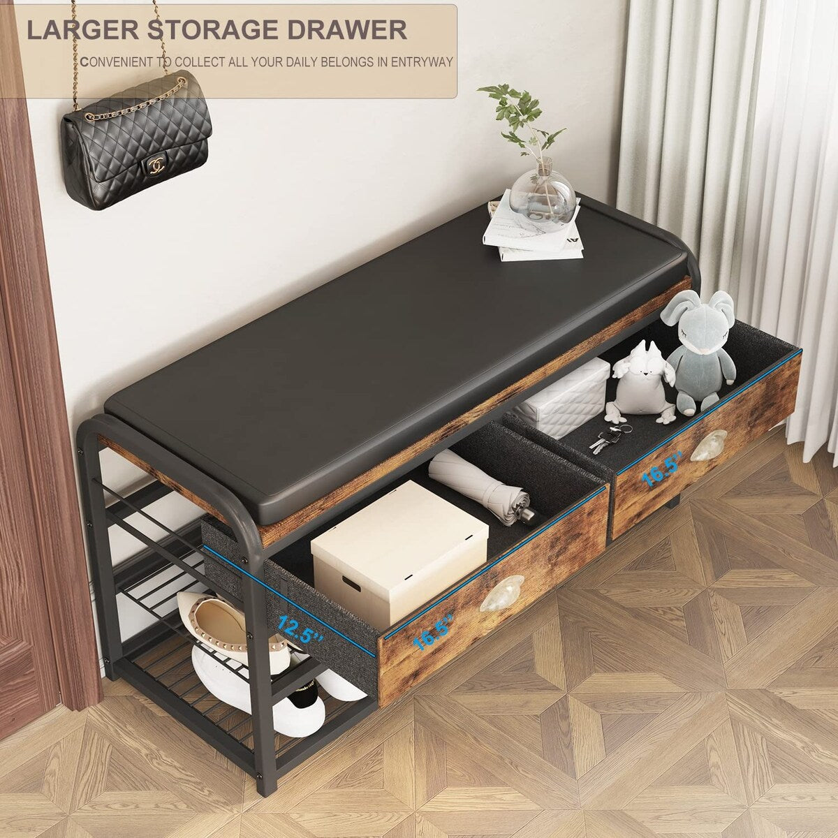 Shoe Bench, 3 Tier Entryway Bench, Shoe Storage Bench with Padded Seating & Drawers, 35.5" Metal Entryway Foyer Hallway Bench