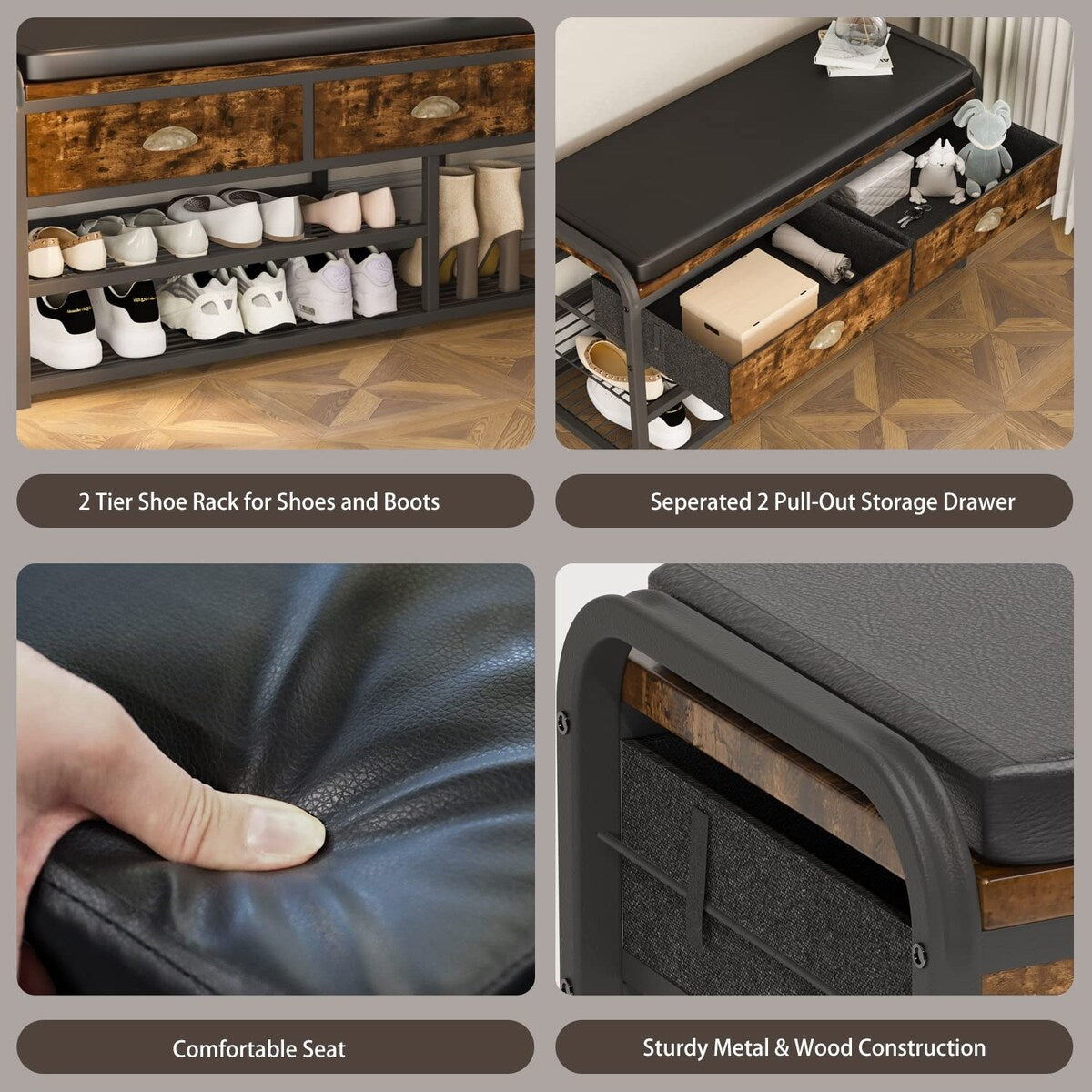 Shoe Bench, 3 Tier Entryway Bench, Shoe Storage Bench with Padded Seating & Drawers, 35.5" Metal Entryway Foyer Hallway Bench
