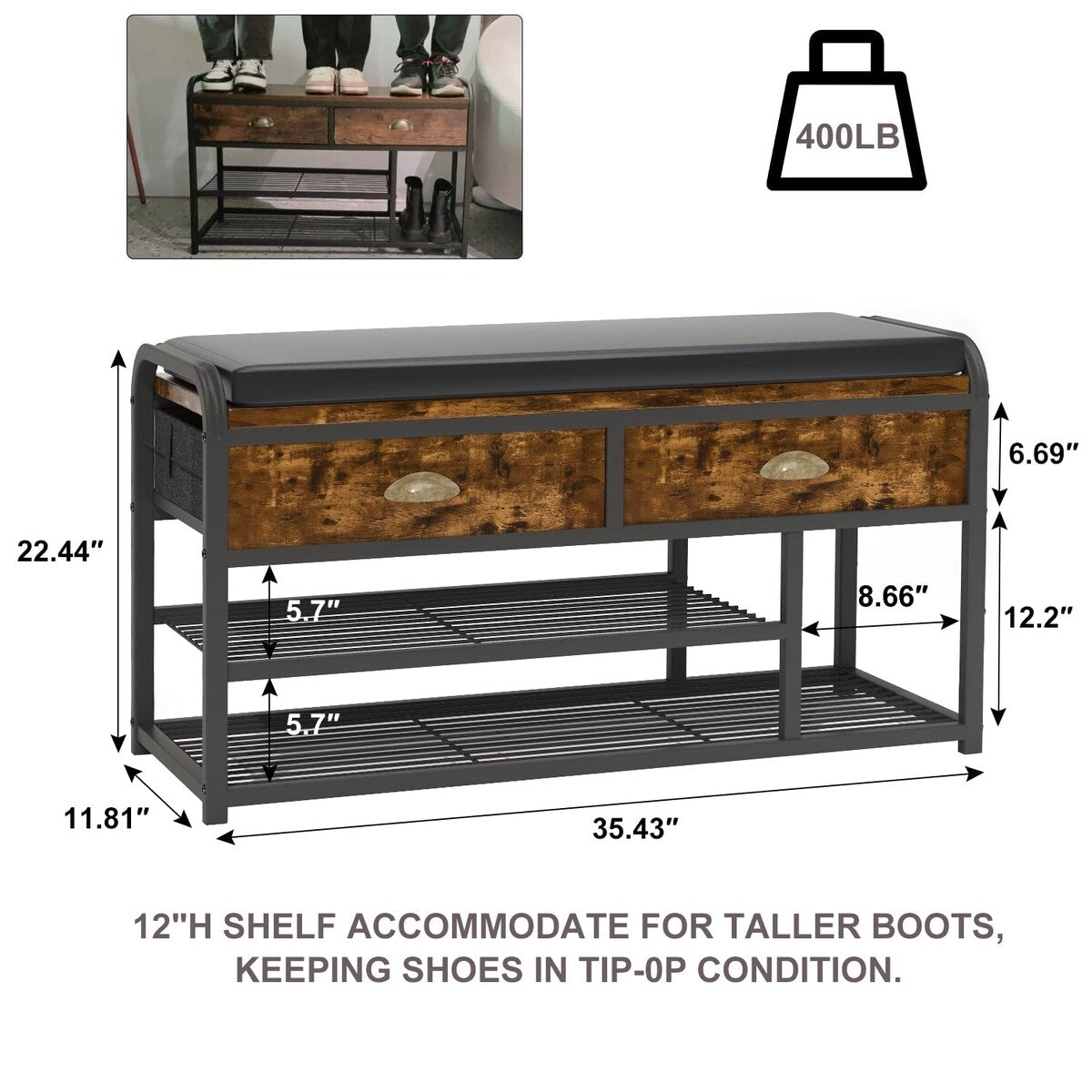 Shoe Bench, 3 Tier Entryway Bench, Shoe Storage Bench with Padded Seating & Drawers, 35.5" Metal Entryway Foyer Hallway Bench