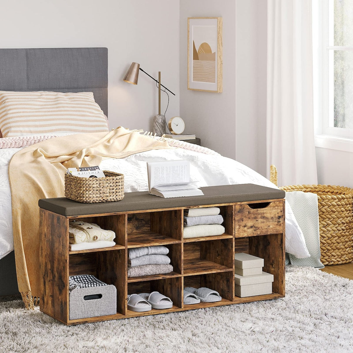 Shoe Bench, Entryway Storage Bench with Drawer and 11 Cubbies, Cubby Shoe Rack with Adjustable Shelves, Shoe Organizer Cabinet