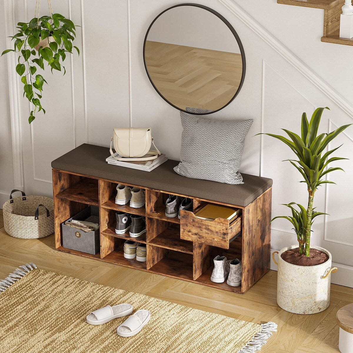 Shoe Bench, Entryway Storage Bench with Drawer and 11 Cubbies, Cubby Shoe Rack with Adjustable Shelves, Shoe Organizer Cabinet