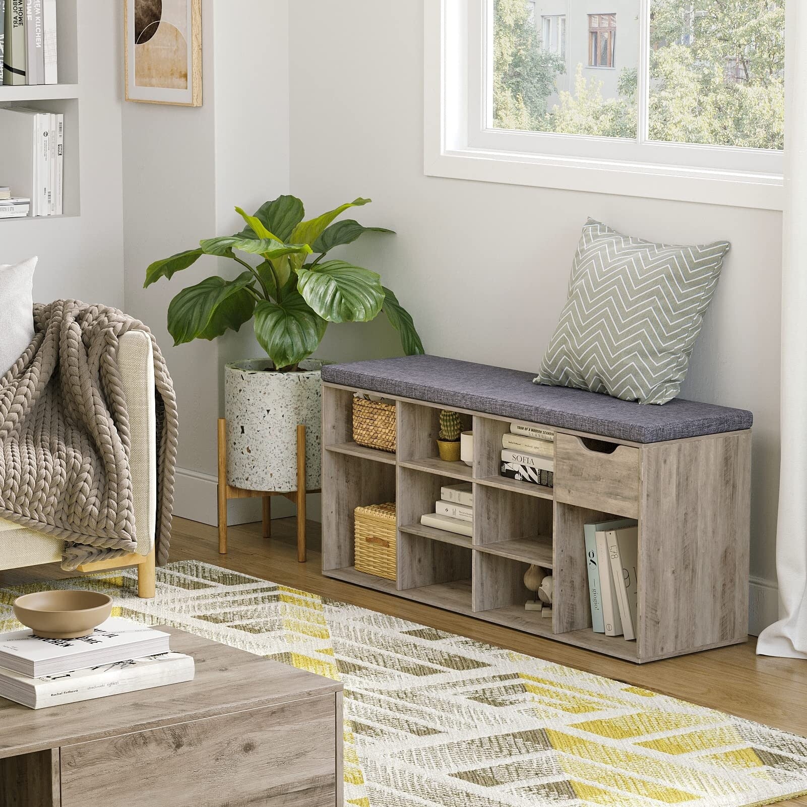 Shoe Bench Entryway Storage Bench with Drawer and 11 Cubbies Cubby Shoe Rack with Adjustable Shelves Shoe Organizer Cabinet Brown