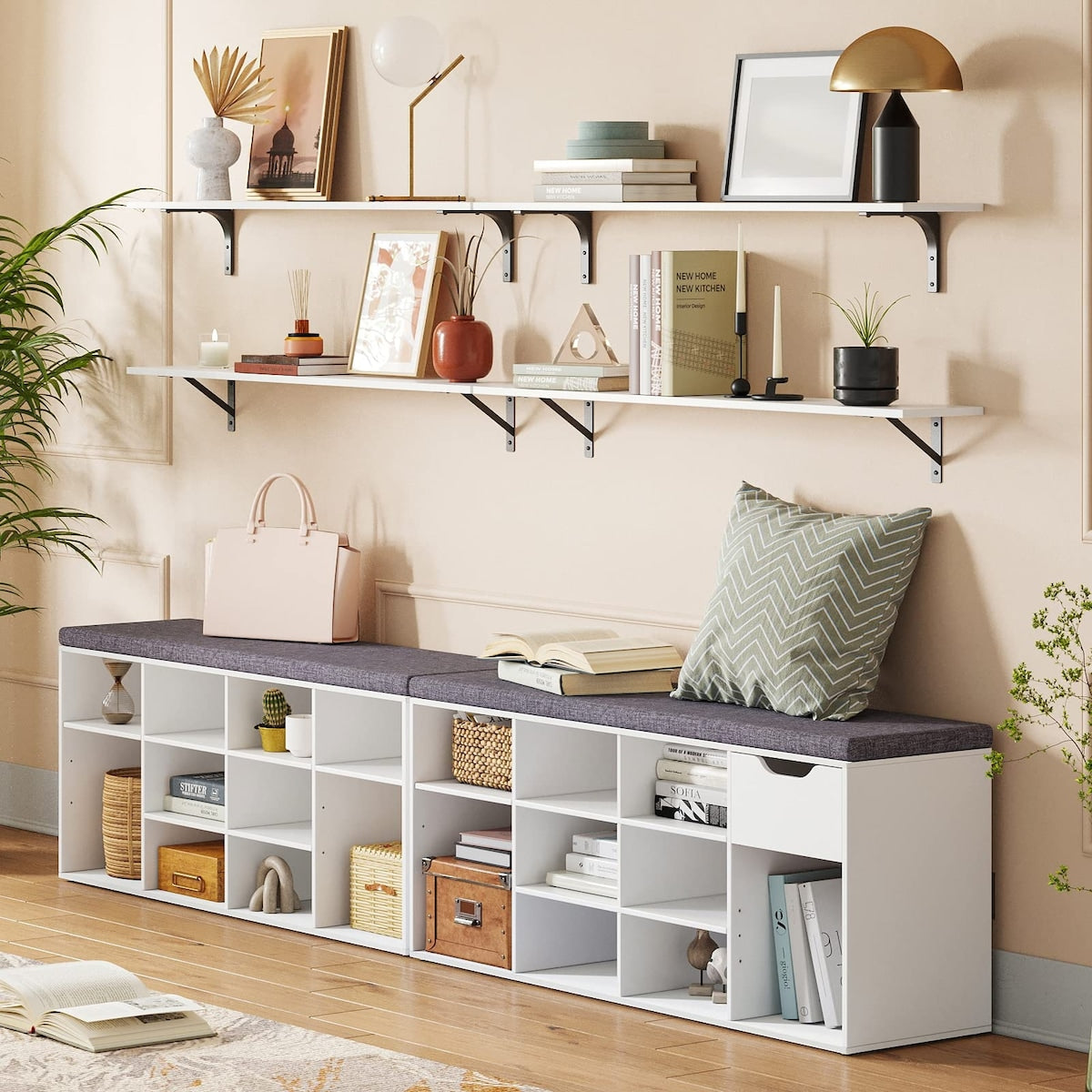 Shoe Bench, Entryway Storage Bench with Drawer and 11 Cubbies, Cubby Shoe Rack with Adjustable Shelves, Shoe Organizer Cabinet