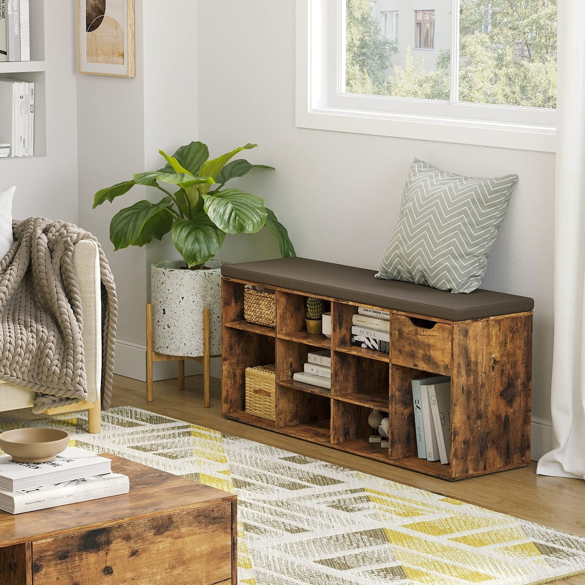 Shoe Bench, Entryway Storage Bench with Drawer and 11 Cubbies, Cubby Shoe Rack with Adjustable Shelves, Shoe Organizer Cabinet