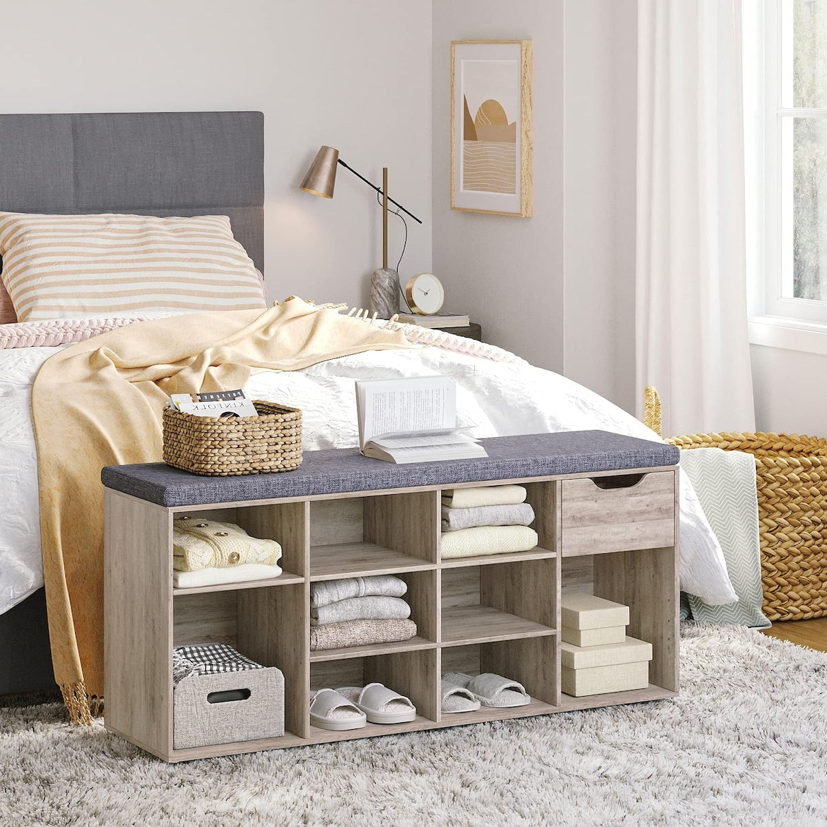 Shoe Bench, Entryway Storage Bench with Drawer and 11 Cubbies, Cubby Shoe Rack with Adjustable Shelves, Shoe Organizer Cabinet