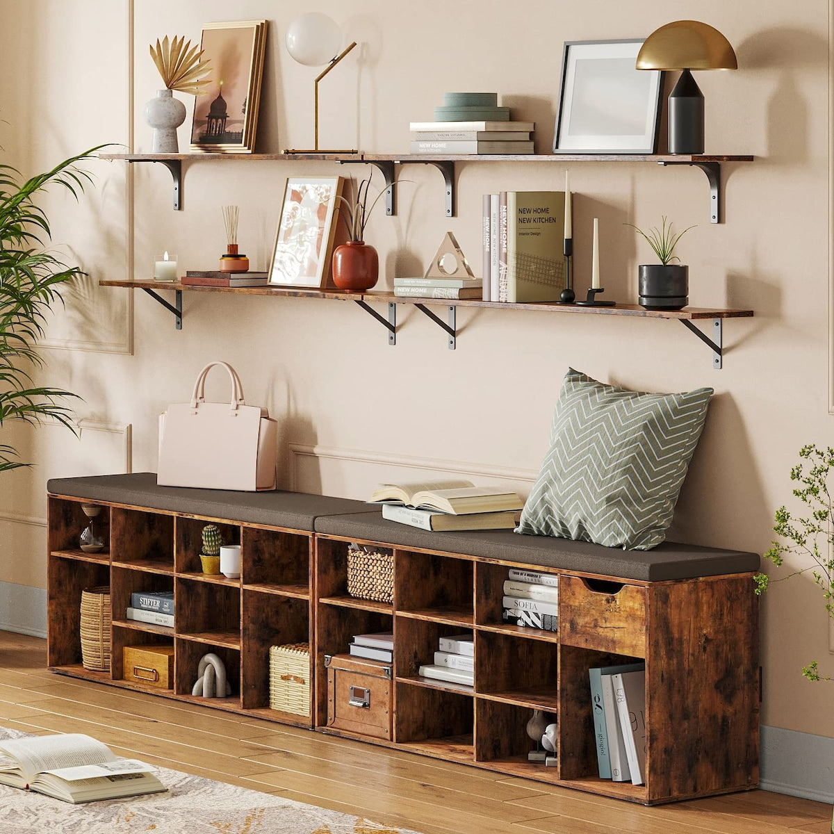 Shoe Bench, Entryway Storage Bench with Drawer and 11 Cubbies, Cubby Shoe Rack with Adjustable Shelves, Shoe Organizer Cabinet