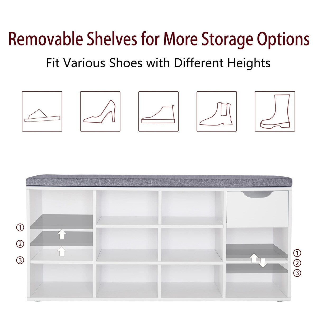 Shoe Bench, Entryway Storage Bench with Drawer and 11 Cubbies, Cubby Shoe Rack with Adjustable Shelves, Shoe Organizer Cabinet