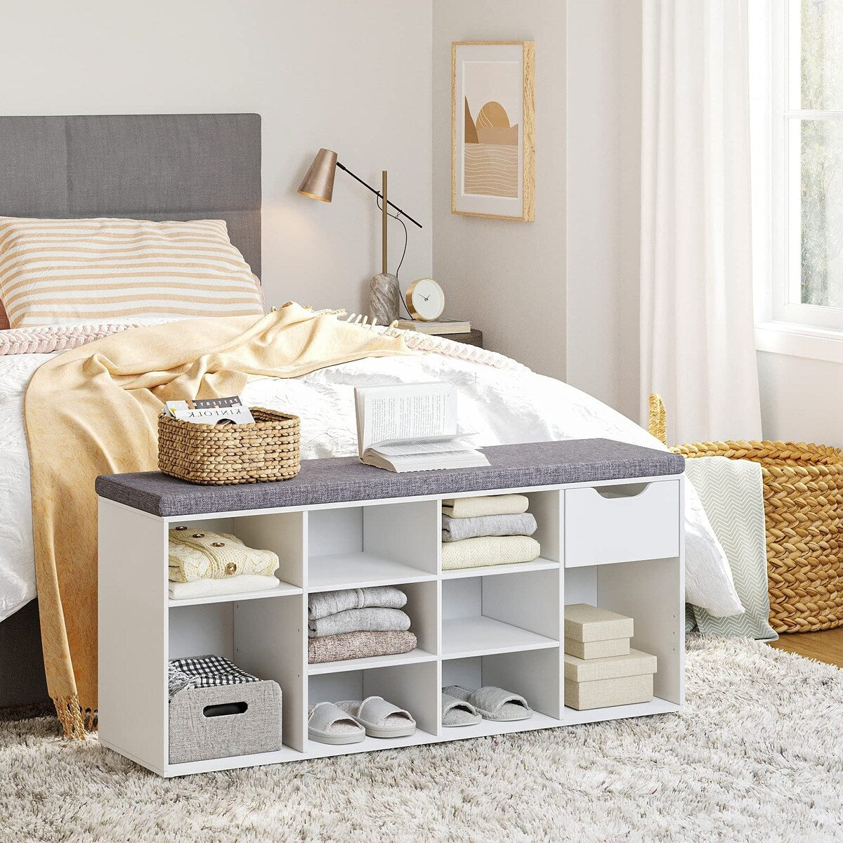 Shoe Bench, Entryway Storage Bench with Drawer and 11 Cubbies, Cubby Shoe Rack with Adjustable Shelves, Shoe Organizer Cabinet