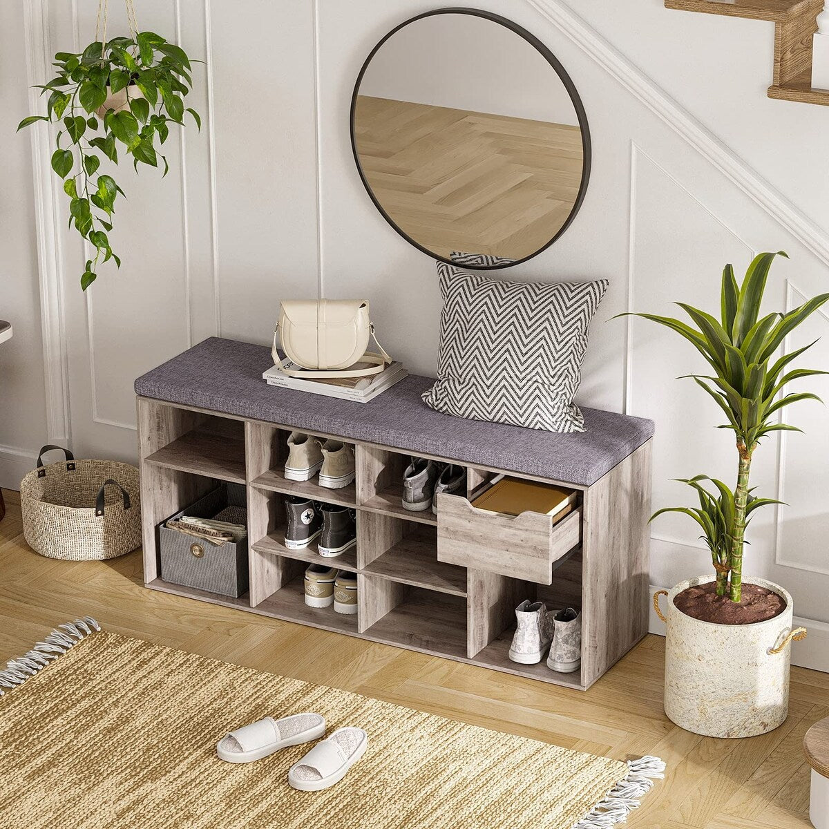Shoe Bench, Entryway Storage Bench with Drawer and 11 Cubbies, Cubby Shoe Rack with Adjustable Shelves, Shoe Organizer Cabinet