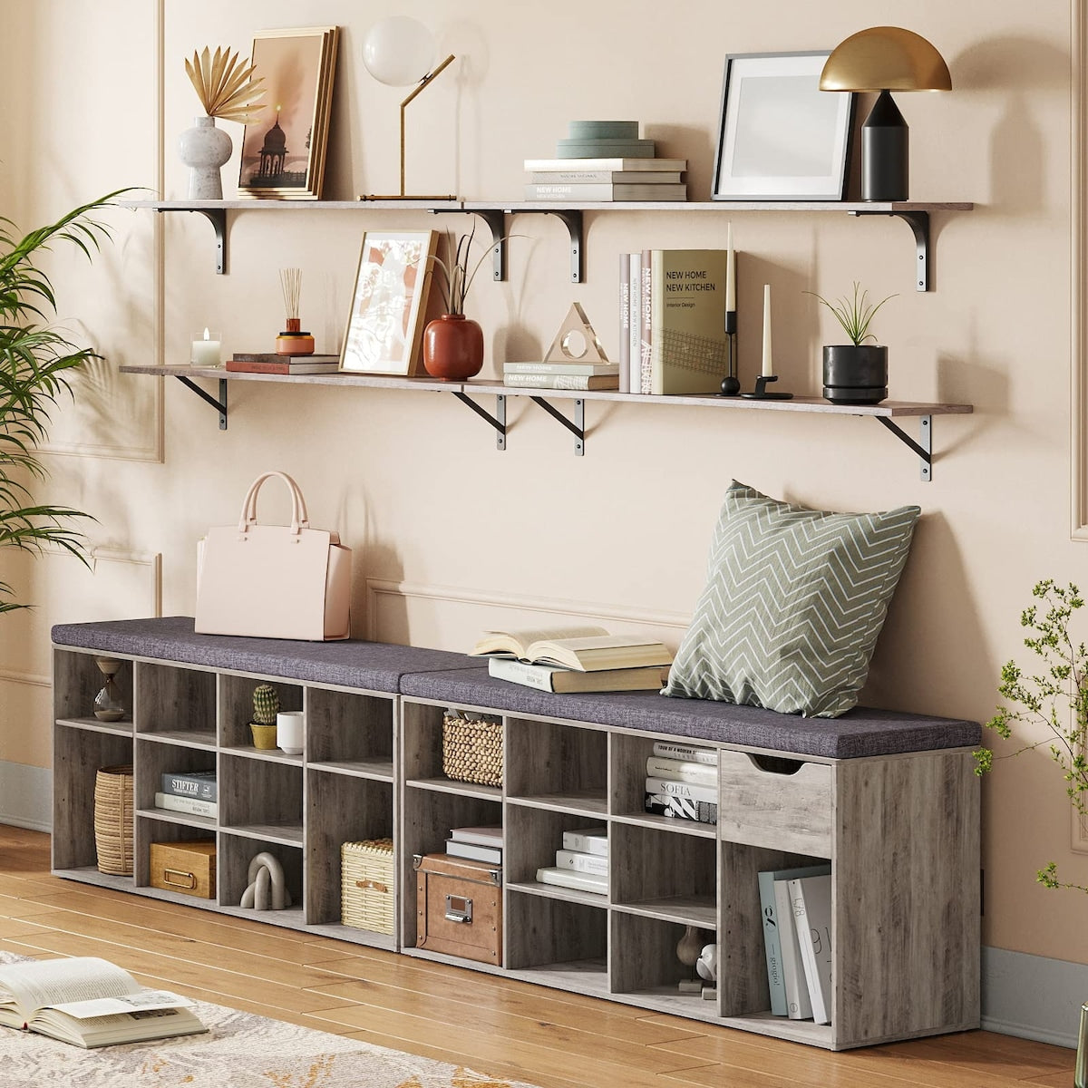 Shoe Bench, Entryway Storage Bench with Drawer and 11 Cubbies, Cubby Shoe Rack with Adjustable Shelves, Shoe Organizer Cabinet