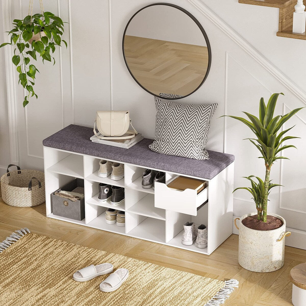 Shoe Bench, Entryway Storage Bench with Drawer and 11 Cubbies, Cubby Shoe Rack with Adjustable Shelves, Shoe Organizer Cabinet
