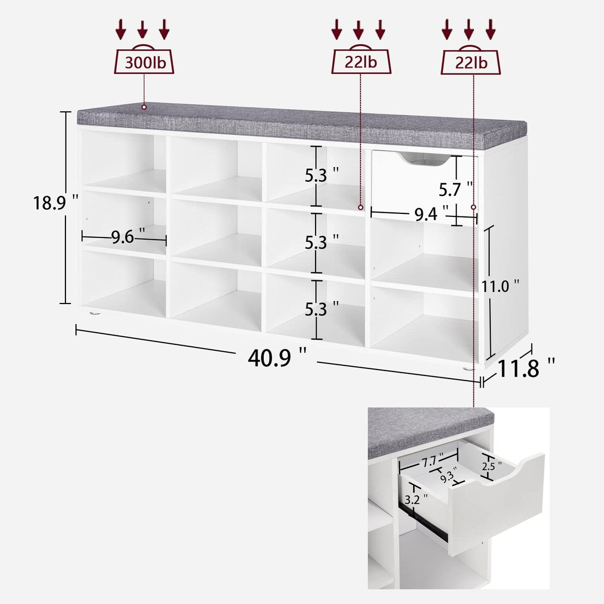 Shoe Bench, Entryway Storage Bench with Drawer and 11 Cubbies, Cubby Shoe Rack with Adjustable Shelves, Shoe Organizer Cabinet