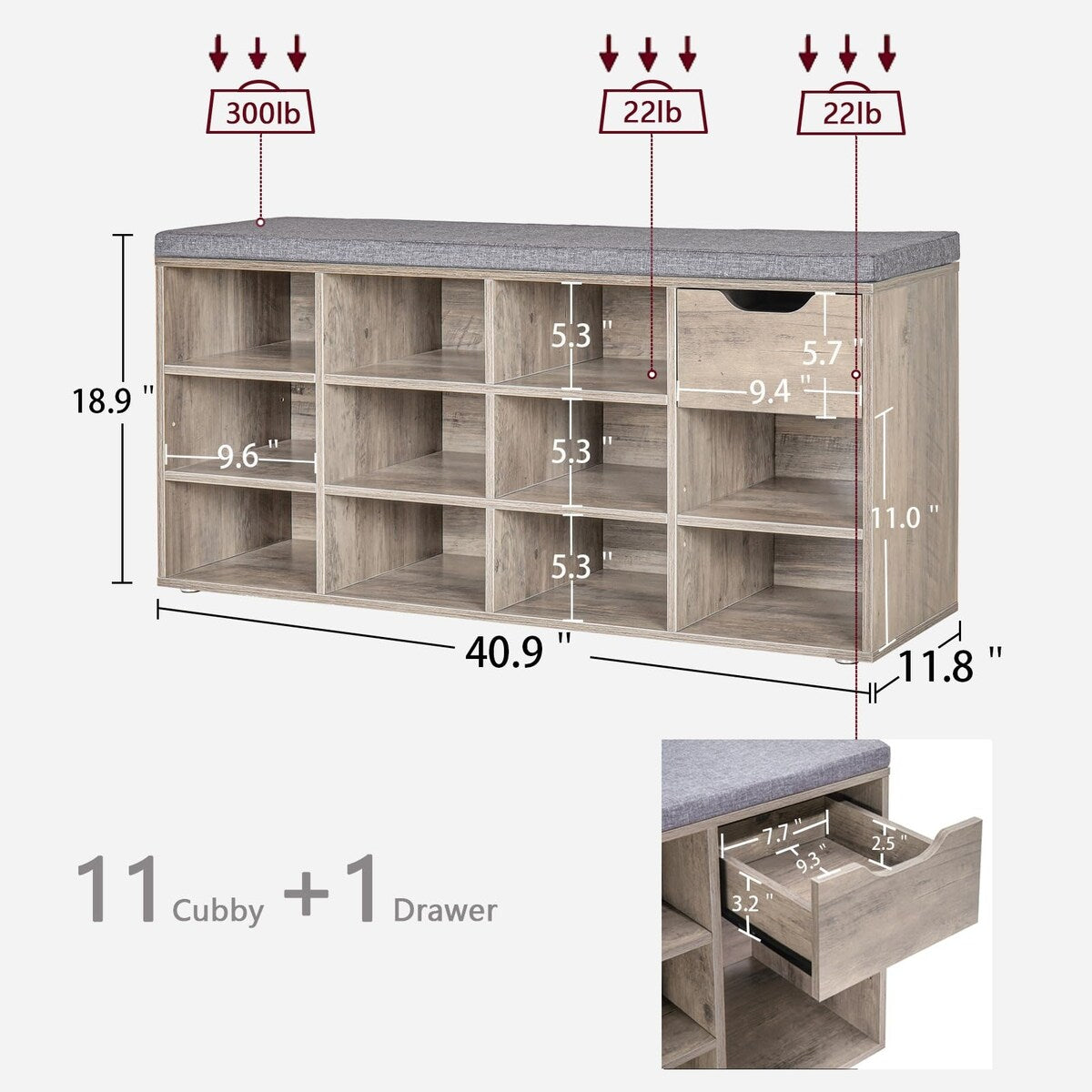 Shoe Bench, Entryway Storage Bench with Drawer and 11 Cubbies, Cubby Shoe Rack with Adjustable Shelves, Shoe Organizer Cabinet