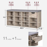 Shoe Bench, Entryway Storage Bench with Drawer and 11 Cubbies, Cubby Shoe Rack with Adjustable Shelves, Shoe Organizer Cabinet