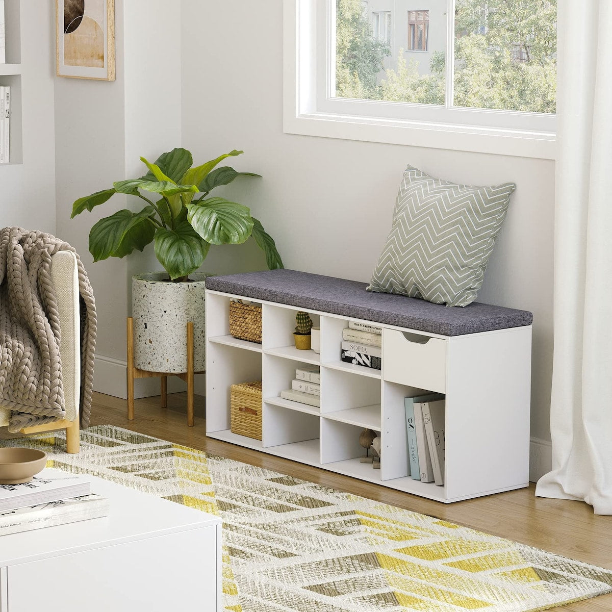 Shoe Bench, Entryway Storage Bench with Drawer and 11 Cubbies, Cubby Shoe Rack with Adjustable Shelves, Shoe Organizer Cabinet