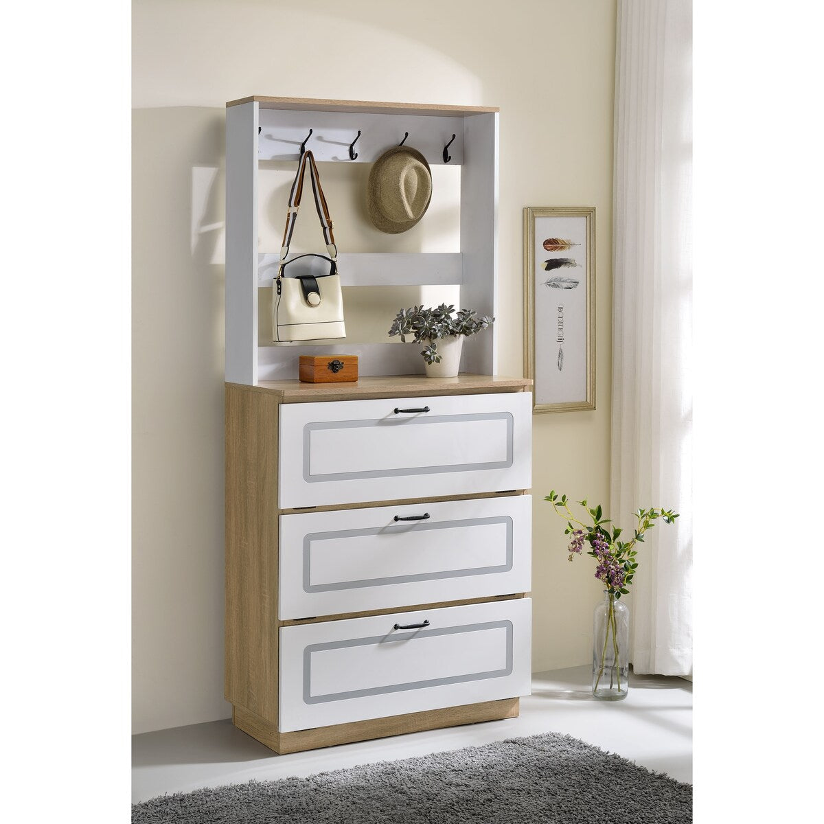 Shoe Cabinet With 3 Storage Drawers And 10 Metal Hooks